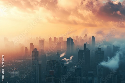 Amidst a sea of towering skyscrapers, the city skyline is shrouded in a blanket of fog as the sun rises over the urban metropolis