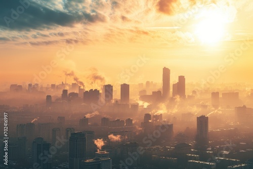 A bustling metropolis, shrouded in a dense fog and illuminated by the rising sun, boasts a stunning skyline of towering skyscrapers and towering tower blocks, creating a mesmerizing cityscape