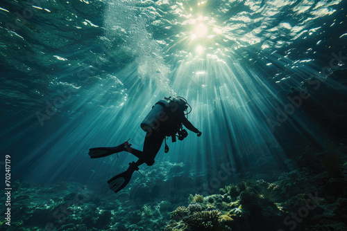 A daring diver explores the colorful depths of the ocean, surrounded by vibrant coral reefs and equipped with essential diving gear, including an oxygen mask and fins, as they glide gracefully throug photo