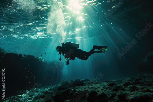 A skilled divemaster explores the vibrant reef, surrounded by the serene underwater world as they gracefully navigate through the water with their scuba equipment and oxygen mask photo