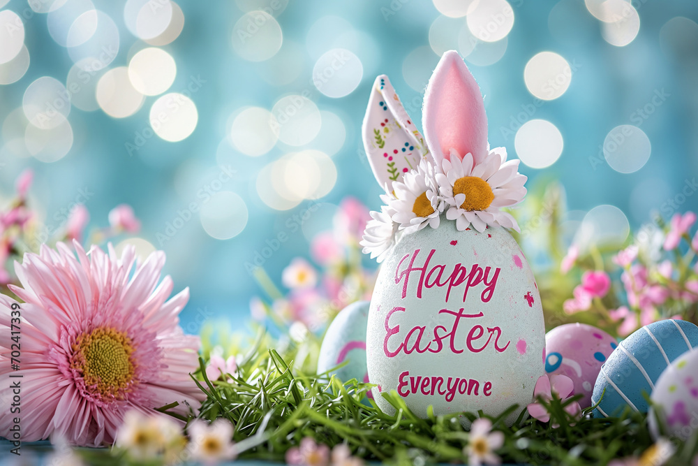 Happy easter, Festive White Easter Egg with Pink Rabbit Ears, Green Grass, Vibrant Flowers, and Decorated Eggs on Blue Bokeh Background Happy easter, Festive White Easter Egg with Pink Rabbit Ears, Green Grass, Vibrant Flowers, and Decorated Eggs on Blue Bokeh Background
