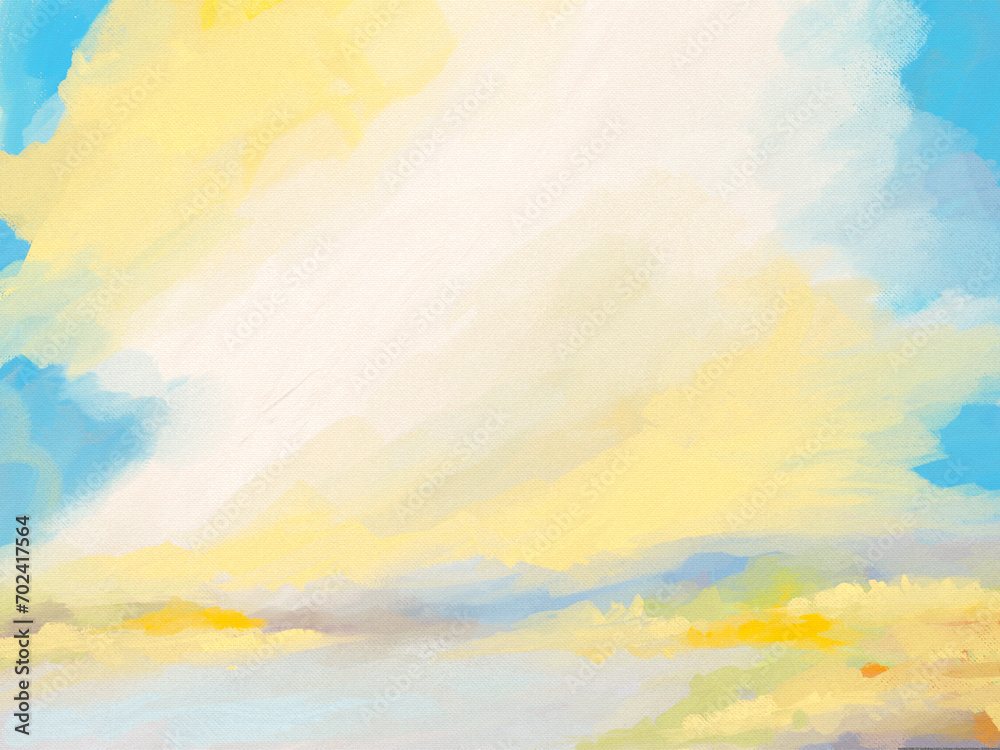 Impressionistic Sunny & Uplifting Cloudscape or Landscape of Lakeside Wildflower Blooms in Blues & Yellow Art, Digital Painting, Artwork, Illustration, Design, or Painting