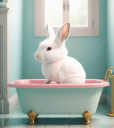 A lovely baby white fur rabbit, pinky ear lay its head on a little pink bath tub on baby pink background.
