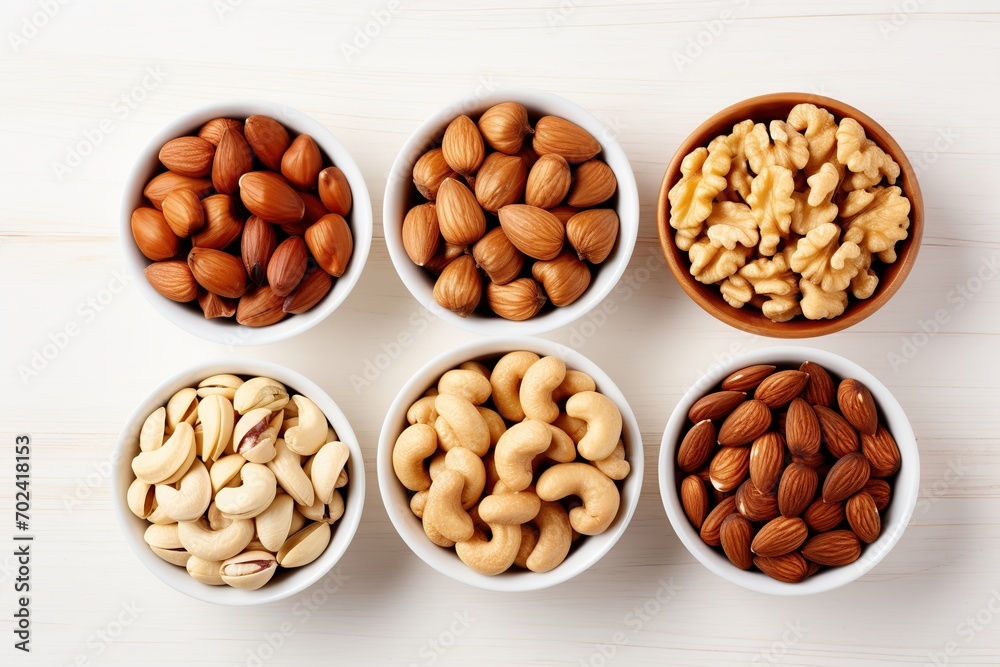 Bowls of hazelnut, cashew and almonds butter on wooden background Bowls of hazelnut, cashew and almonds butter on wooden background