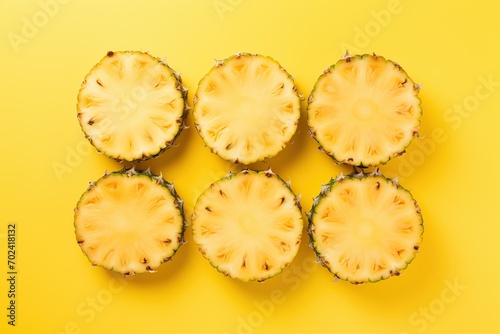 Ripe sliced pineapples on yellow background