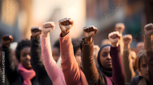 Women's Day March, March 8. Fists raised by a multiracial group of women fighting for their rights. International Women's Day photo