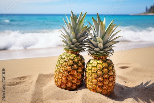 Ripe pineapples on beach sand