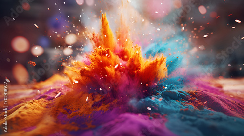 Burst of festive colors, a traditional Holi celebration in action. This imagery is suitable for marketing campaigns for color runs, music festivals, and other events where color powder is a feature. photo