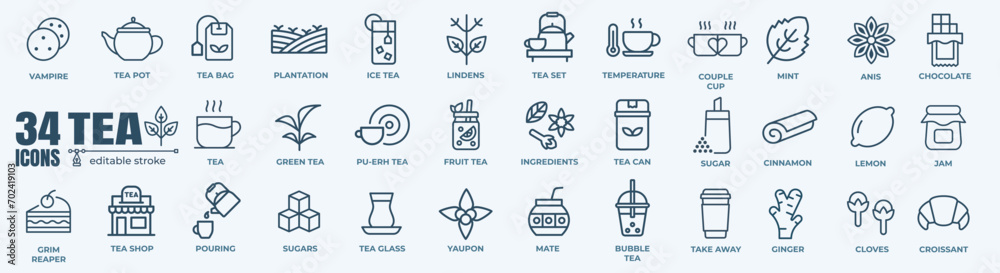 Tea and tea pot minimal thin line web icon set. Outline editable icons collection. Simple vector illustration. - obrazy, fototapety, plakaty 