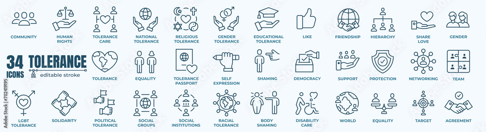 Tolerance - thin line web icon set. Outline icons collection. Simple vector illustration. - obrazy, fototapety, plakaty 