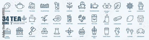 Tea and tea pot minimal thin line web icon set. Outline editable icons collection. Simple vector illustration.