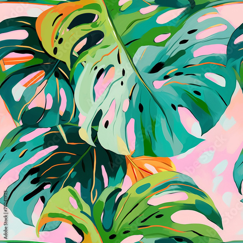 Colorful tropical seamless pattern, monstera. Design for fashion apparel, home decor, packaging, stationery. Textile print, wall art for a modern interior. Background for website landing page