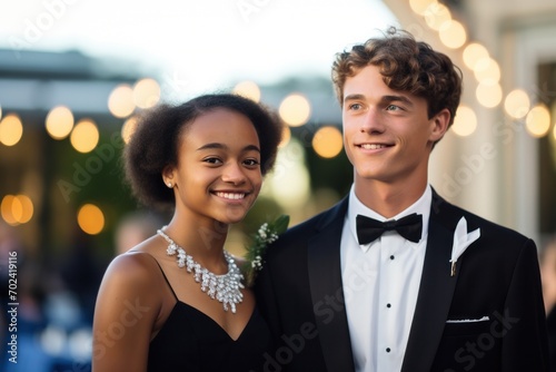 Happy young couple, white and African American, share a fun moment outdoors at a celebration.