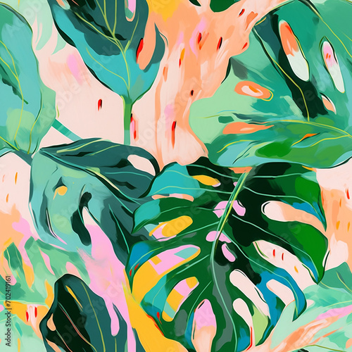 Colorful tropical seamless pattern, monstera. Design for fashion apparel, home decor, packaging, stationery. Textile print, wall art for a modern interior. Background for website landing page