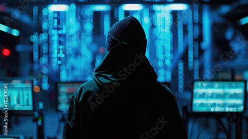 Individual in a hoodie sitting in front of multiple computer monitors displaying various data visualizations and global network map