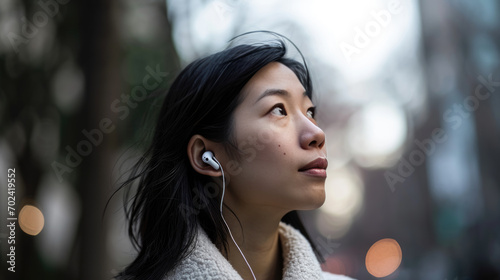 Woman is gazing thoughtfully to the side while wearing earphones, with a blurred city background creating a bokeh effect.