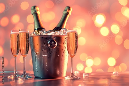 a bottle of champagne in a tin bucket with ice, a festive background. copy the space. photo