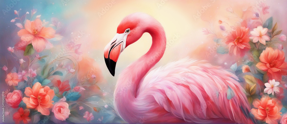 Pink flamingo on floral background. Colorful tropical watercolor illustration.