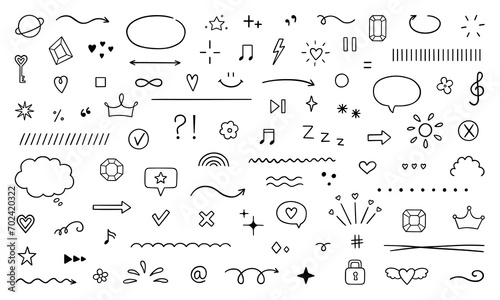 Abstract doodle elements. Hand drawn decorative illustrations in sketch style. Arrows, stars, flowers, hearts, decoration symbols and signs. Vector illustration isolated on white background.