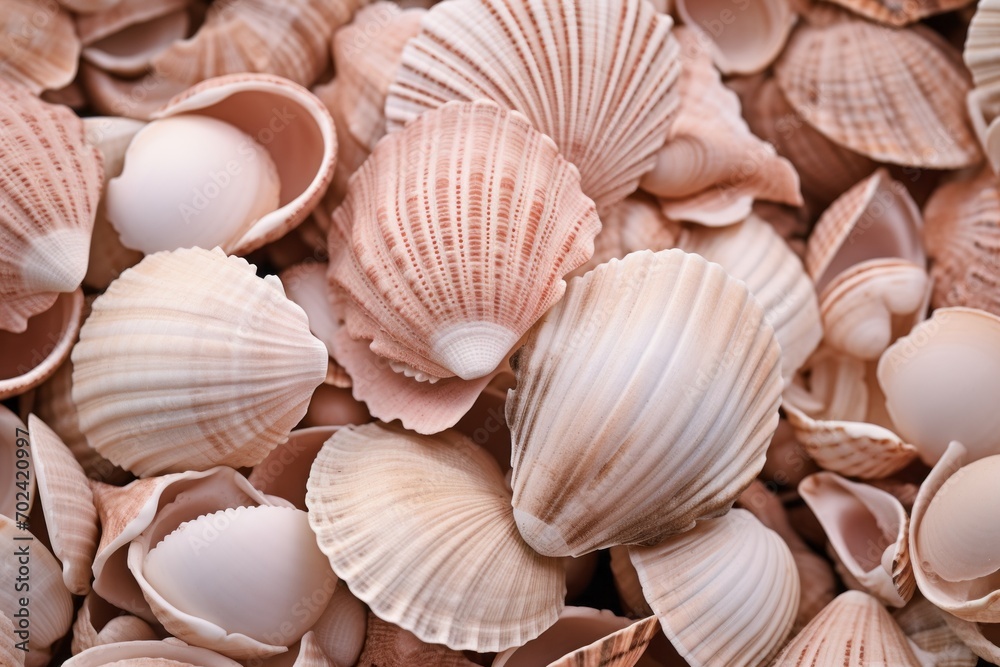 A close-up of a bunch of shells. Monochrome peach fuzz color background