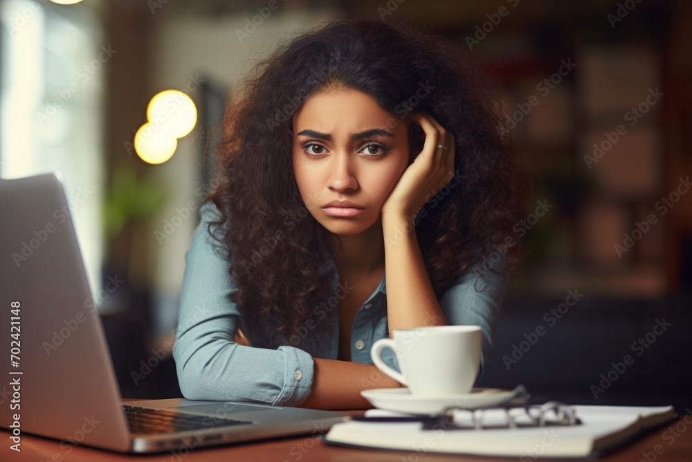 Young Latina student sitting at open laptop, expression of boredom and worry. learning difficulties, a problem. Young Latina student sitting at open laptop, expression of boredom and worry. learning difficulties, a problem.
