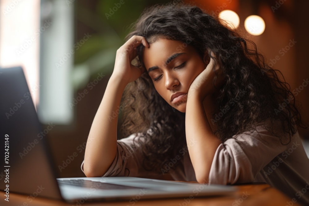 Young Latina student sitting at open laptop, expression of boredom and worry. learning difficulties, a problem. Young Latina student sitting at open laptop, expression of boredom and worry. learning difficulties, a problem.