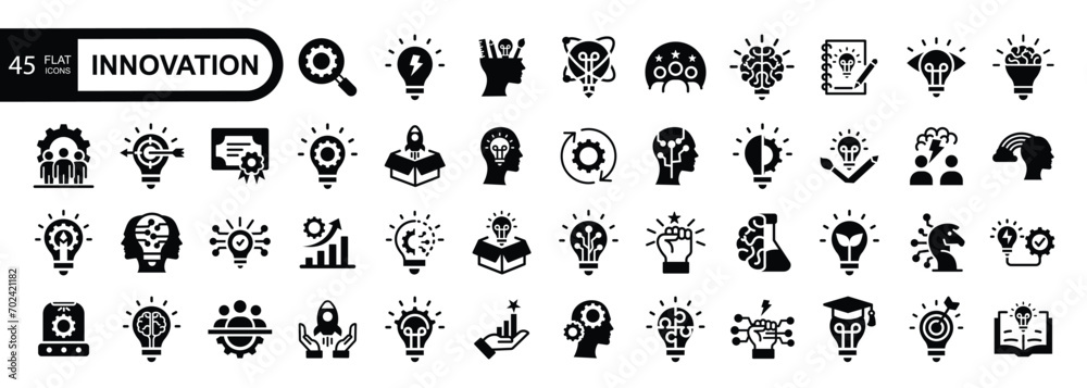 Innovation flat icon set. Light bulb and inspiration icon. Innovation symbol. vector illustration Innovation flat icon set. Light bulb and inspiration icon. Innovation symbol. vector illustration