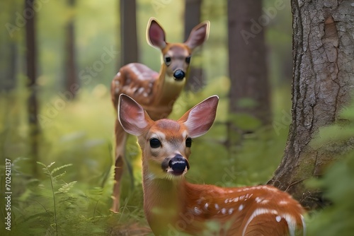 White tailed deer fawn witj hind on natural trail in north Wisconsin Generative AI