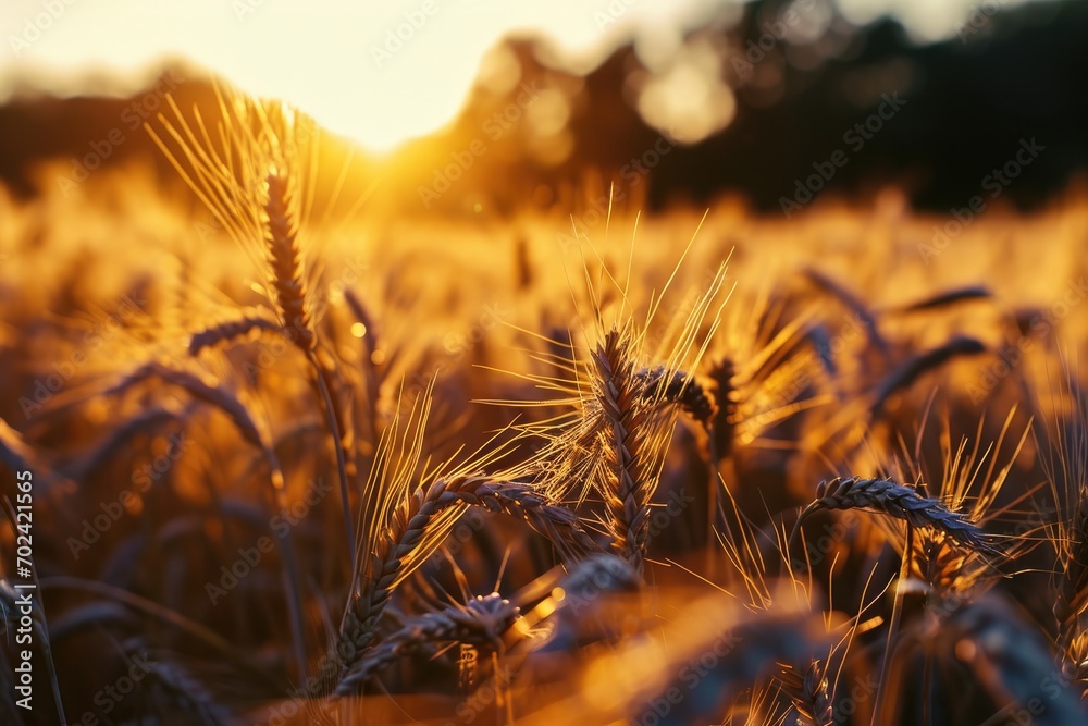A bountiful field of wheat, a golden sea of grains swaying in the sun's warm embrace, a testament to nature's cycle of growth and harvest - obrazy, fototapety, plakaty 