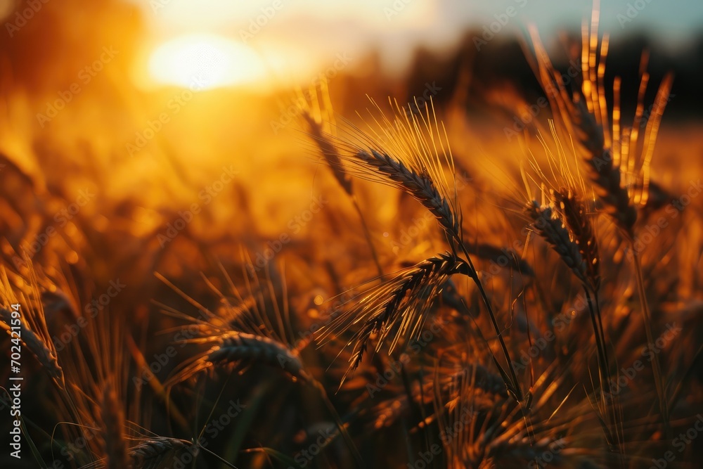 A golden sea of wheat dances in the warm light of a setting sun, a picturesque scene of agricultural beauty and nourishment in the great outdoors - obrazy, fototapety, plakaty 