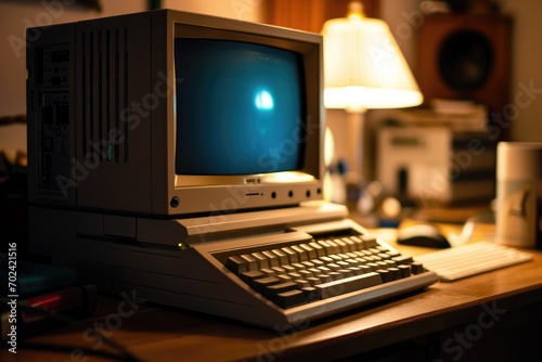 An aged desktop computer sits atop a cluttered desk, its electronic components and peripherals hinting at the passage of time and the evolution of technology