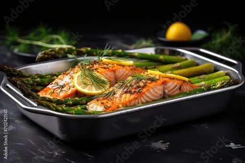 Baked salmon with green asparagus and slices of lemon in pan on black background