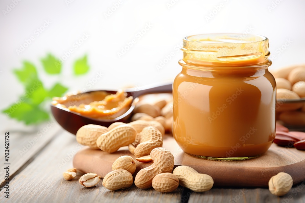 Glass jar with peanut butter on wooden background
