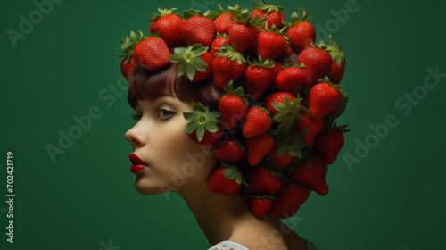 Sinnliches Portrait einer Frau mit Erdbeeren auf dem Kopf. Konzept: Kulinarische Kunst. Surreale Illustration.  photo