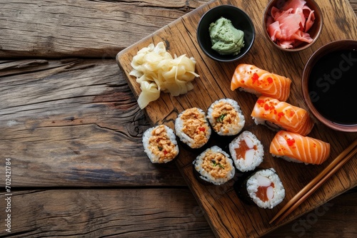 A delectable platter of assorted sushi, including california rolls and gimbap, sits on a wooden tray, inviting us to indulge in the artistry and flavors of japanese cuisine for a mouth-watering lunch