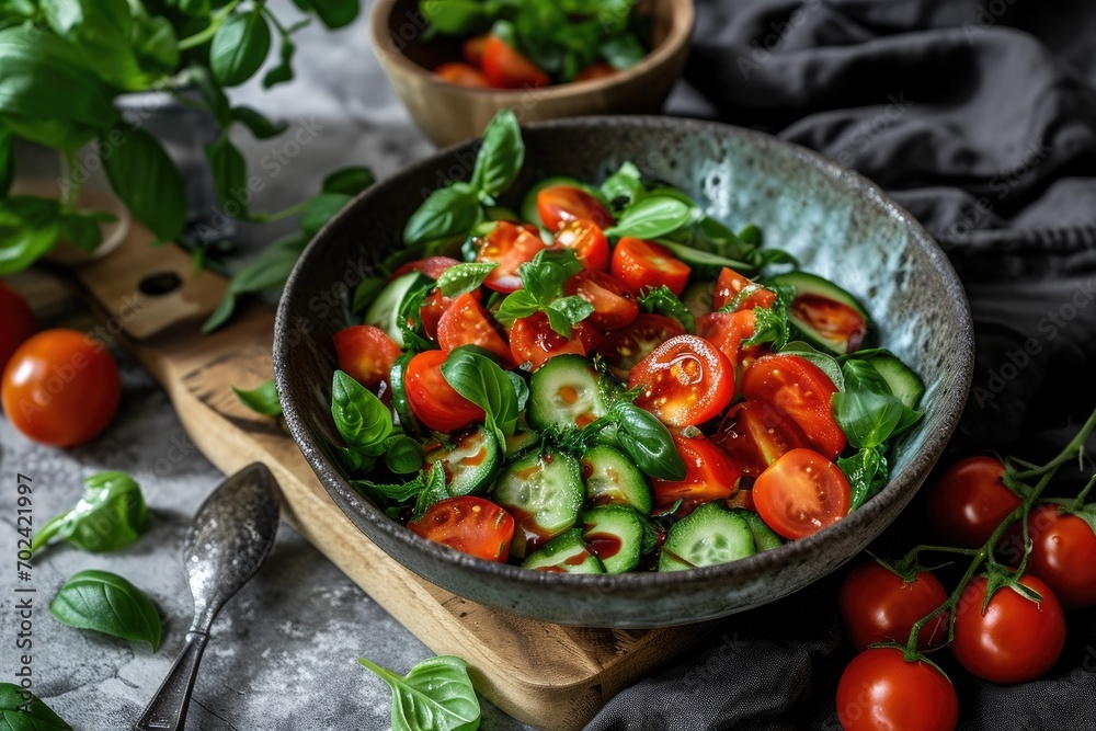 Indulge in a vibrant, plant-based feast as you gather around the table, admiring the colorful bowl of wholesome produce bursting with cherry and plum tomatoes, crisp cucumbers, and fragrant basil lea - obrazy, fototapety, plakaty 