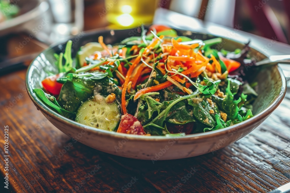 A vibrant and healthy bowl of vegetarian salad, with fresh leafy greens and colorful vegetables, sits on a wooden table, inviting you to savor its delicious and nutritious flavors A vibrant and healthy bowl of vegetarian salad, with fresh leafy greens and colorful vegetables, sits on a wooden table, inviting you to savor its delicious and nutritious flavors