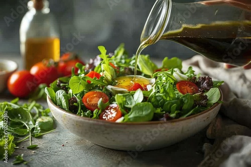 A vibrant mix of fresh leafy greens and juicy tomatoes dressed in a tangy sauce, enticingly poured from a bottle onto a bowl of natural, plant-based nourishment