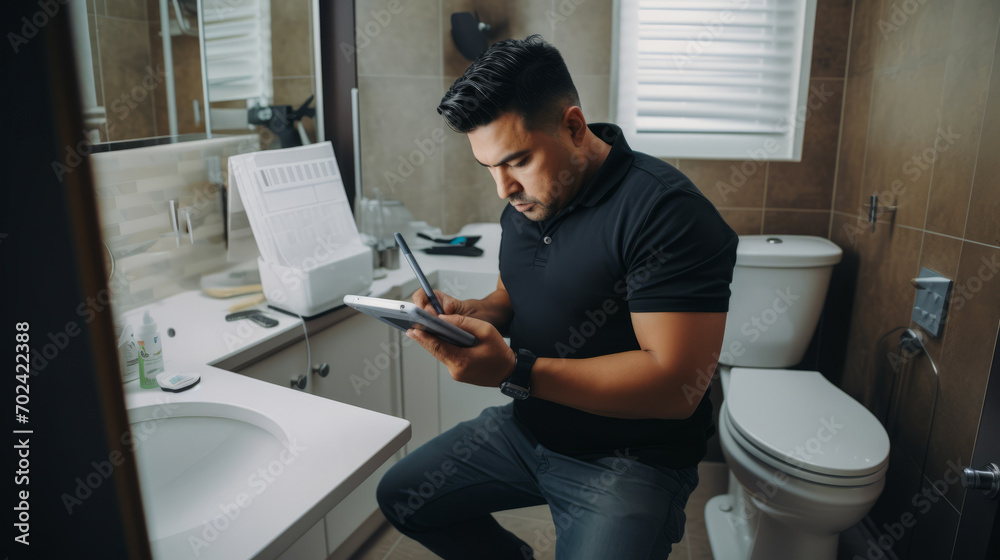 A skilled plumber finalizes client's invoice digitally on his device. A skilled plumber finalizes client's invoice digitally on his device.