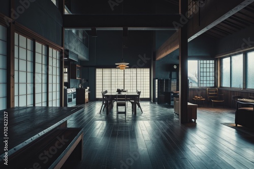 A minimalist hall with shoji windows, a wooden table, and natural daylighting, exuding a sense of calm and balance in its interior design © ChaoticMind