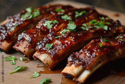 Succulent pork ribs glazed with teriyaki sauce and topped with fresh cilantro, showcasing the fusion of asian and western cuisine in this indoor barbecue dish