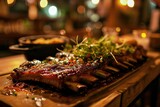 Indulge in the succulent flavors of a perfectly grilled steak at this cozy restaurant, as the sizzling meat takes center stage on a beautifully set indoor table