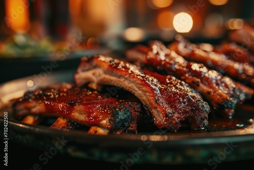 Indulge in the succulent flavors of a perfectly cooked plate of ribs, slathered in a rich red sauce and sizzling with the essence of indoor barbecuing photo