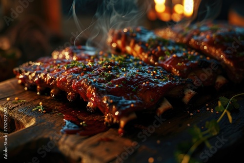 Sizzling ribs, slathered in a mouthwatering sauce and seasoned with fiery spices, await to be devoured on a rustic wooden platter at a vibrant barbecue gathering photo