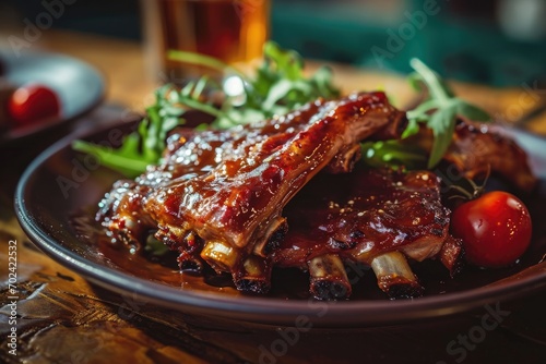 An appetizing plate of braised ribs, glazed with tangy barbecue sauce, surrounded by vibrant vegetables and served on a rustic indoor table photo