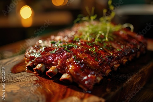 A tantalizing indoor barbecue feast featuring succulent steak  mouth-watering carne asada  and savory spare ribs  all drenched in rich red cooking sauces and flavorful teriyaki marinades  showcasing 