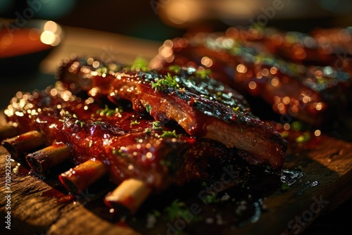 Indulge in a mouth-watering feast of succulent grilled spare ribs, coated in a rich red sauce, served on a rustic wooden platter, evoking the warmth and comfort of a traditional indoor barbecue photo