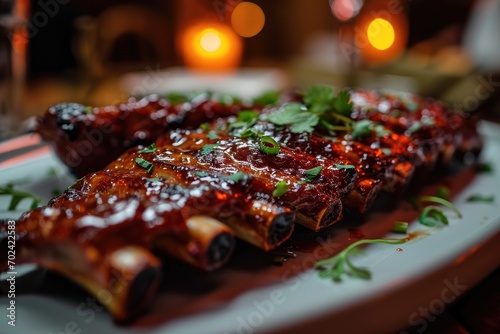 Indulge in the mouth-watering flavors of red-cooked ribs, perfectly grilled and smothered in savory sauce, for a delectable indoor barbecue experience photo