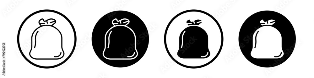 Trash bag icon set. Large closed plastic Garbage Bag vector symbol in a black filled and outlined style. Recycle able trash bag. - obrazy, fototapety, plakaty 