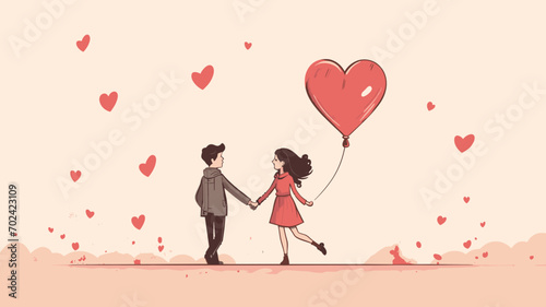 copy space, simple vector valentine cute girl and boy couple falling in love, simple handdrawn cartoon. Cute valentine card with young couple. Beautiful background or for valentine’s day. Beautiful ba